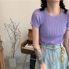 Summer Women Short Sleeves T-shirt Trendy Slim Fit High Waist Knitted Crop Top Round Neck Solid Color Blouse Purple One size
