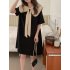 Summer Women Short Sleeves Dress Sweet Large Bowknot Contrast Color Doll Collar A line Skirt Casual Pullover Midi Skirt black M