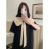 Summer Women Short Sleeves Dress Sweet Large Bowknot Contrast Color Doll Collar A line Skirt Casual Pullover Midi Skirt black M