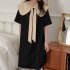 Summer Women Short Sleeves Dress Sweet Large Bowknot Contrast Color Doll Collar A line Skirt Casual Pullover Midi Skirt black M