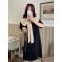 Summer Women Short Sleeves Dress Sweet Large Bowknot Contrast Color Doll Collar A line Skirt Casual Pullover Midi Skirt black M