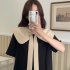 Summer Women Short Sleeves Dress Sweet Large Bowknot Contrast Color Doll Collar A line Skirt Casual Pullover Midi Skirt black M