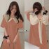 Summer Women Short Sleeves Dress Sweet Large Bowknot Contrast Color Doll Collar A line Skirt Casual Pullover Midi Skirt black M