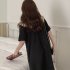 Summer Women Short Sleeves Dress Sweet Large Bowknot Contrast Color Doll Collar A line Skirt Casual Pullover Midi Skirt black M
