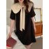 Summer Women Short Sleeves Dress Sweet Large Bowknot Contrast Color Doll Collar A line Skirt Casual Pullover Midi Skirt black M