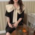 Summer Women Short Sleeves Dress Sweet Large Bowknot Contrast Color Doll Collar A line Skirt Casual Pullover Midi Skirt black M