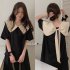 Summer Women Short Sleeves Dress Sweet Large Bowknot Contrast Color Doll Collar A line Skirt Casual Pullover Midi Skirt black M