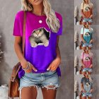 Summer Women Short Sleeves Shirt Loose Casual Blouse Round Neck Heart-shape Printing Pullover Tunic Tops Purple L