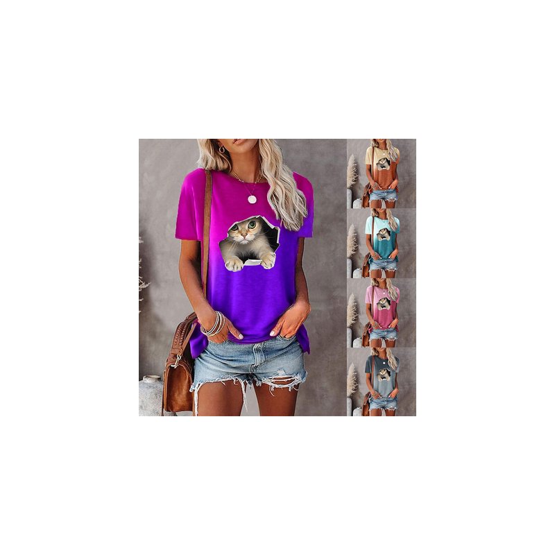 Summer Women Short Sleeves Shirt Loose Casual Blouse Round Neck Heart-shape Printing Pullover Tunic Tops Purple L