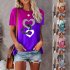 Summer Women Short Sleeves Shirt Loose Casual Blouse Round Neck Heart shape Printing Pullover Tunic Tops Purple L