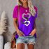 Summer Women Short Sleeves Shirt Loose Casual Blouse Round Neck Heart shape Printing Pullover Tunic Tops Purple L