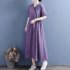 Summer Women Short Sleeves Dress Fashion V Neck High Waist A line Skirt Retro Embroidered Large Size Dress Purple XL