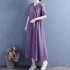 Summer Women Short Sleeves Dress Fashion V Neck High Waist A line Skirt Retro Embroidered Large Size Dress Purple XL