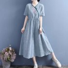 Summer Women Short Sleeves Dress Fashion V Neck High Waist A-line Skirt Retro Embroidered Large Size Dress blue M