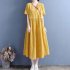 Summer Women Short Sleeves Dress Fashion V Neck High Waist A line Skirt Retro Embroidered Large Size Dress yellow L