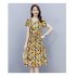 Summer Women Short Sleeves Dress Fashion Floral Printing Round Neck A line Skirt Casual Pullover Mid length Dress Pink XL