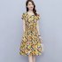 Summer Women Short Sleeves Dress Fashion Floral Printing Round Neck A line Skirt Casual Pullover Mid length Dress Pink XL