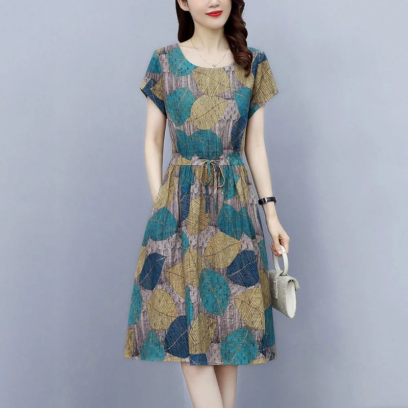 Summer Women Short Sleeves Dress Fashion Floral Printing Round Neck A-line Skirt Casual Pullover Mid-length Dress green XL