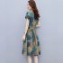 Summer Women Short Sleeves Dress Fashion Floral Printing Round Neck A line Skirt Casual Pullover Mid length Dress yellow M