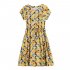 Summer Women Short Sleeves Dress Fashion Floral Printing Round Neck A line Skirt Casual Pullover Mid length Dress yellow M