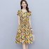 Summer Women Short Sleeves Dress Fashion Floral Printing Round Neck A line Skirt Casual Pullover Mid length Dress yellow XXXL