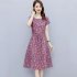 Summer Women Short Sleeves Dress Fashion Floral Printing Round Neck A line Skirt Casual Pullover Mid length Dress yellow XXXL
