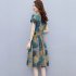 Summer Women Short Sleeves Dress Fashion Floral Printing Round Neck A line Skirt Casual Pullover Mid length Dress yellow XL