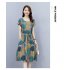 Summer Women Short Sleeves Dress Fashion Floral Printing Round Neck A line Skirt Casual Pullover Mid length Dress yellow XL