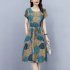 Summer Women Short Sleeves Dress Fashion Floral Printing Round Neck A line Skirt Casual Pullover Mid length Dress yellow XL
