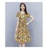 Summer Women Short Sleeves Dress Fashion Floral Printing Round Neck A line Skirt Casual Pullover Mid length Dress yellow XL