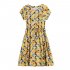 Summer Women Short Sleeves Dress Fashion Floral Printing Round Neck A line Skirt Casual Pullover Mid length Dress yellow XL