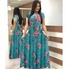 Summer Women Short Sleeves Dress Round Neck Hallow Out Digital Printing Large Swing Long Skirt Casual Large Size Dress Q short sleeve M