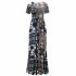 Summer Women Short Sleeves Dress Round Neck Hallow Out Digital Printing Large Swing Long Skirt Casual Large Size Dress Q short sleeve M