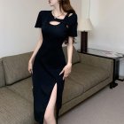 Summer Women Short Sleeves Dress Sexy Hollow-out High Waist Slim Fit Slit Midi Skirt Simple Solid Color Pullover Dress black L