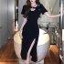 Summer Women Short Sleeves Dress Sexy Hollow out High Waist Slim Fit Slit Midi Skirt Simple Solid Color Pullover Dress black XL