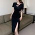 Summer Women Short Sleeves Dress Sexy Hollow out High Waist Slim Fit Slit Midi Skirt Simple Solid Color Pullover Dress black XL
