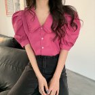 Summer Women Short Sleeves Shirt Trendy French Doll Collar Puff Sleeves Chiffon Blouse Solid Color Single-breasted Tops rose red M