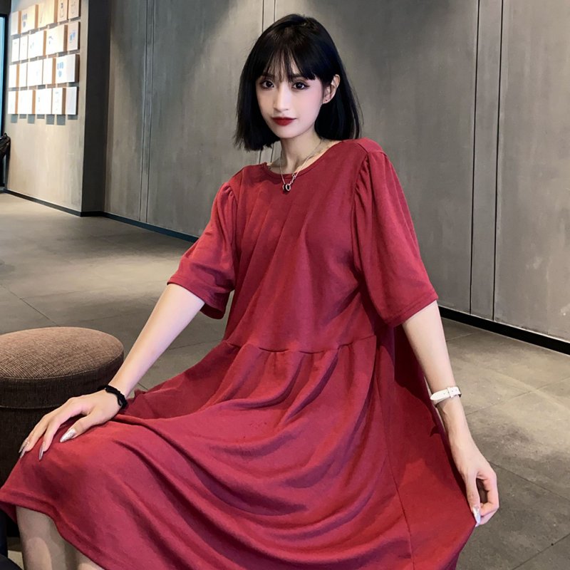 Summer Women Short Sleeves Dress Trendy Backless Round Neck A-line Skirt Loose Casual Solid Color Dress red M