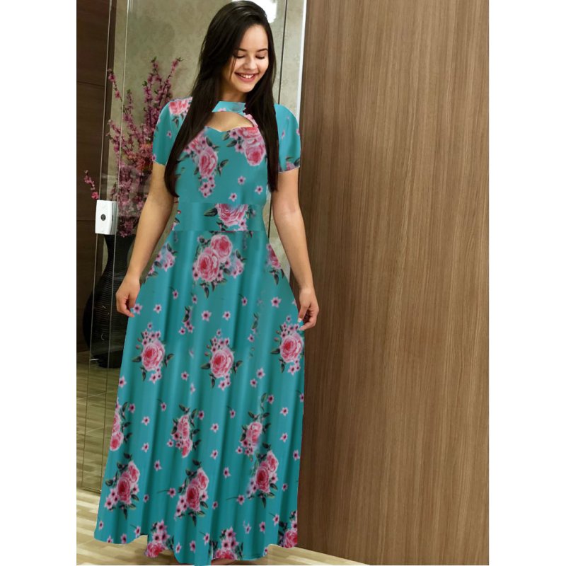 Summer Women Short Sleeves Dress Round Neck Hallow Out Digital Printing Large Swing Long Skirt Casual Large Size Dress Q short sleeve 4XL