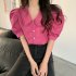 Summer Women Short Sleeves Shirt Trendy French Doll Collar Puff Sleeves Chiffon Blouse Solid Color Single breasted Tops rose red M