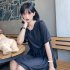Summer Women Short Sleeves Dress Trendy Backless Round Neck A line Skirt Loose Casual Solid Color Dress red XL