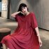 Summer Women Short Sleeves Dress Trendy Backless Round Neck A line Skirt Loose Casual Solid Color Dress red XL