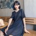 Summer Women Short Sleeves Dress Trendy Backless Round Neck A line Skirt Loose Casual Solid Color Dress black M