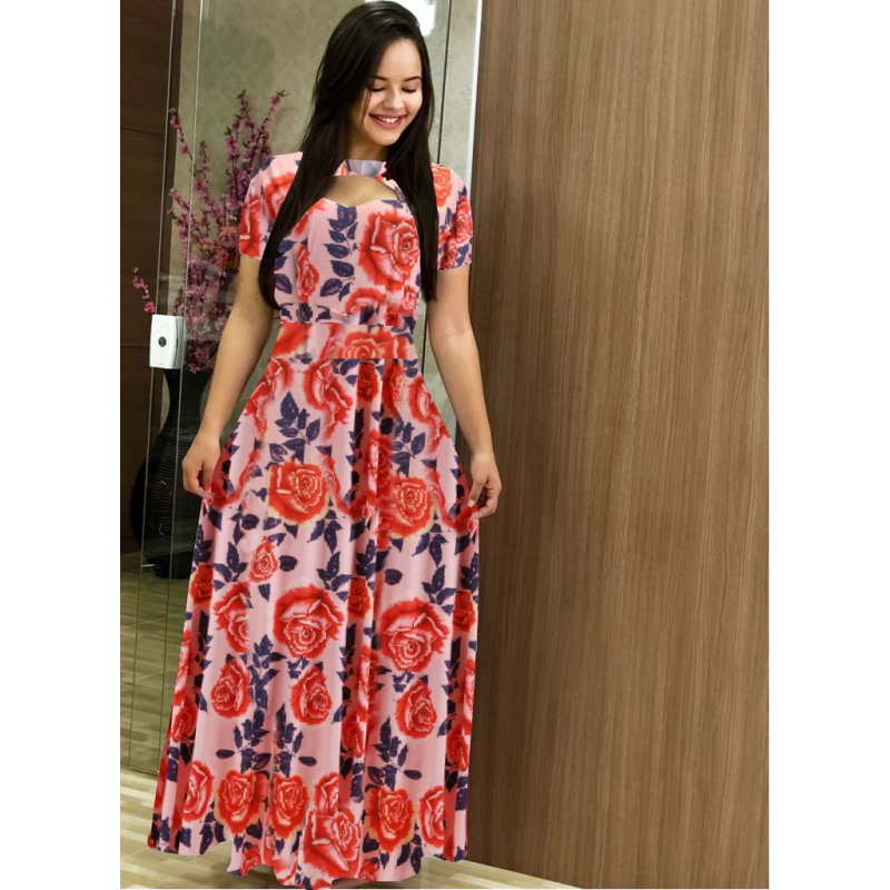 Summer Women Short Sleeves Dress Round Neck Hallow Out Digital Printing Large Swing Long Skirt Casual Large Size Dress W short sleeve M