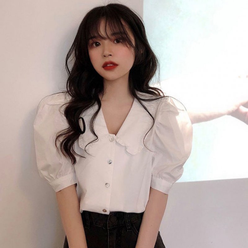 Summer Women Short Sleeves Shirt Trendy French Doll Collar Puff Sleeves Chiffon Blouse Solid Color Single-breasted Tops White S