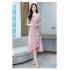 Summer Women V neck Short Sleeves Dress Retro French Floral Printing A line Skirt Elegant Lace up Dress red M