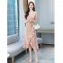 Summer Women V neck Short Sleeves Dress Retro French Floral Printing A line Skirt Elegant Lace up Dress red M
