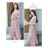 Summer Women V neck Short Sleeves Dress Retro French Floral Printing A line Skirt Elegant Lace up Dress red M