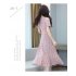 Summer Women V neck Short Sleeves Dress Retro French Floral Printing A line Skirt Elegant Lace up Dress red M