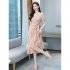 Summer Women V neck Short Sleeves Dress Retro French Floral Printing A line Skirt Elegant Lace up Dress red M